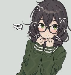 Rule 34 | 1girl, black hair, blush, bow, braid, cevio, commentary, english commentary, english text, glasses, green eyes, green sweater, grey background, hair bow, hanakuma chifuyu, hands in hair, hands up, long hair, looking at viewer, semi-rimless eyewear, simple background, sleeves past wrists, solo, speech bubble, sweatdrop, sweater, synthesizer v, teshima nari, thank you, twin braids, upper body, white bow