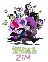 Rule 34 | 2girls, alien, animification, backpack, bag, bee, black hair, brother and sister, bug, camera, child, crunchcontrol, dib (invader zim), english text, flag, food, gaz (invader zim), gir (invader zim), glasses, highres, holding, holding camera, insect, invader zim, mini moose, mole, mole under eye, multiple girls, pizza, purple hair, robot, shadow, siblings, simple background, star (symbol), tak (invader zim), white background, zim (invader zim)
