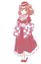 Rule 34 | 1girl, alternate costume, bell, blush, dress, hair bell, hair ornament, looking at viewer, mitsumoto jouji, motoori kosuzu, own hands clasped, own hands together, red eyes, red hair, shawl, short hair, smile, solo, touhou, twintails, two side up