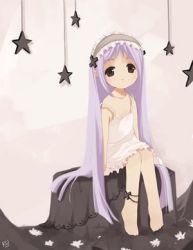 Rule 34 | barefoot, black eyes, character request, dress, flat chest, ku, long hair, lowres, maid, purple hair, sitting, source request, star (symbol), very long hair