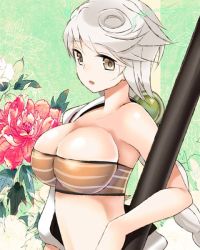 Rule 34 | 1girl, armpits, bad id, bad pixiv id, bandeau, braid, breasts, cleavage, cosplay, crop top, eko, flower, from side, hair bobbles, hair ornament, impossible clothes, japanese clothes, kantai collection, large breasts, long hair, looking at viewer, midriff, off shoulder, open mouth, shouhou (kancolle), shouhou (kancolle) (cosplay), silver hair, single braid, solo, unryuu (kancolle), wavy hair, yellow eyes