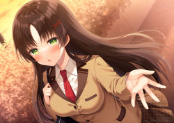 Rule 34 | 1girl, asmr, black skirt, blush, breasts, brown hair, brown jacket, bush, collared shirt, commentary request, green eyes, hair ornament, highres, itsuki jun, jacket, large breasts, leaf, long hair, looking at viewer, necktie, open mouth, original, outdoors, outstretched arm, palms, plaid, plaid skirt, pleated skirt, school uniform, shirt, skirt, solo, twitter username, white shirt, x hair ornament