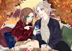 Rule 34 | 1boy, 1girl, 3so4ru5959, alternate hairstyle, asymmetrical legwear, autumn leaves, bad id, bad twitter id, black pants, blue eyes, blue jacket, braid, brother and sister, brown hair, cellphone, collared shirt, commentary request, contemporary, couch, crown braid, cup, dessert, drinking glass, drinking straw, food, grey shirt, grey skirt, highres, holding, holding magazine, holding phone, jacket, katarina claes, keith claes, light brown hair, long hair, looking at another, magazine (object), miniskirt, on couch, open clothes, open jacket, open mouth, otome game no hametsu flag shika nai akuyaku reijou ni tensei shite shimatta, outline, pants, phone, pillow, pointing, red sweater, shirt, short hair, siblings, sitting, skirt, smartphone, smile, step-siblings, sweater, white outline