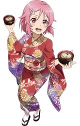 Rule 34 | 1girl, bowl, floral print, food, freckles, full body, hair ornament, hairclip, holding, japanese clothes, kimono, lisbeth (sao), long hair, obi, official art, open mouth, pink eyes, pink hair, round teeth, sandals, sash, short hair, simple background, solo, sword art online, tabi, teeth, white background, wide sleeves