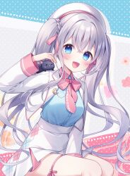 Rule 34 | 1girl, amane kurumi, animal, animal on shoulder, blue eyes, blue shirt, blush, bow, cat, cat on shoulder, collared shirt, commentary request, commission, cropped jacket, dress shirt, grey hair, highres, indie virtual youtuber, jacket, long hair, nekozuki mio, open mouth, pink bow, pink trim, shirt, shirt tucked in, sitting, skeb commission, skirt, smile, solo, twintails, virtual youtuber, white headwear, white jacket, white skirt