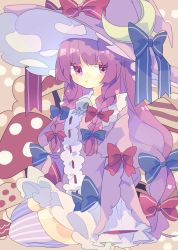 Rule 34 | 1girl, :t, adapted costume, blue bow, bow, braid, commentary, crescent, crescent pin, dress, frilled dress, frills, hair bow, hat, hat bow, highres, long hair, long sleeves, mushroom, nikorashi-ka, patchouli knowledge, polka dot, polka dot background, purple dress, purple eyes, purple hair, purple hat, purple thighhighs, red bow, sitting, solo, striped clothes, striped thighhighs, thighhighs, touhou, twin braids, witch hat, yokozuwari