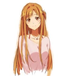 Rule 34 | 1girl, asuna (sao), blush, braid, brown eyes, brown hair, collarbone, cropped torso, fcc (fengcheche), head tilt, jewelry, long hair, long sleeves, looking at viewer, necklace, office lady, pink shirt, shirt, sketch, smile, sword art online, very long hair
