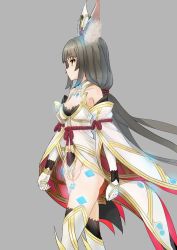 Rule 34 | 1girl, animal ear fluff, animal ears, bare shoulders, breasts, cleavage cutout, clothing cutout, dalazi, detached sleeves, from side, gem, gloves, grey background, grey hair, hair ornament, highleg, highleg leotard, highres, leotard, long hair, nia (blade) (xenoblade), nia (xenoblade), nintendo, niyah, profile, simple background, small breasts, solo, spoilers, thighhighs, very long hair, walking, white gloves, xenoblade chronicles (series), xenoblade chronicles 2, xenoblade chronicles (series), xenoblade chronicles 2, yellow eyes