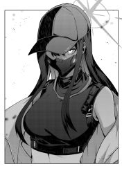 Rule 34 | 1girl, absurdres, baseball cap, blue archive, border, breasts, buckle, coat, crop top, debris, greyscale, halo, hat, highres, long hair, looking at viewer, mask, medium breasts, midriff, monochrome, mouth mask, off shoulder, outside border, reon (dainagon azuki), saori (blue archive), shirt, sidelocks, sleeveless, sleeveless shirt, snap-fit buckle, solo, turtleneck, upper body