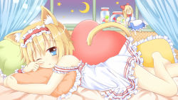 Rule 34 | 1girl, alice margatroid, animal ears, bed, blonde hair, blue eyes, cat ears, cat girl, cat tail, crescent moon, curtains, doll, female focus, frilled pillow, frills, hairband, jar, kemonomimi mode, moon, one eye closed, pillow, shanghai doll, short hair, tail, touhou, umi suzume, waking up