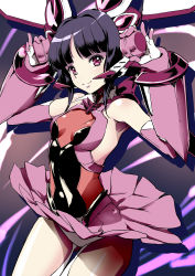 Rule 34 | 1000, 1girl, black hair, breasts, closed mouth, cowboy shot, detached sleeves, gloves, hair intakes, headphones, highres, leotard, long sleeves, miniskirt, pink skirt, pink sleeves, pleated skirt, red eyes, senki zesshou symphogear, short hair, skirt, small breasts, smile, solo, standing, thigh gap, tsukuyomi shirabe