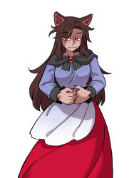 Rule 34 | 1girl, absurdres, animal ears, brown hair, closed mouth, commentary, dress, eddybird55555, english commentary, highres, imaizumi kagerou, long hair, long sleeves, looking at viewer, red dress, red eyes, red nails, ringed eyes, simple background, smile, solo, standing, touhou, two-tone dress, white background, white dress, wolf ears
