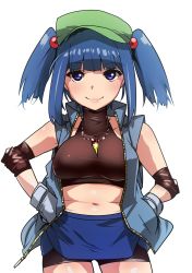 Rule 34 | 1girl, adapted costume, bare shoulders, belly, bike shorts, blue eyes, blue hair, blue jacket, blue skirt, blunt bangs, breasts, cabbie hat, closed mouth, collarbone, contrapposto, cowboy shot, crop top, elbow pads, green hat, hair bobbles, hair ornament, hand in pocket, hands on own hips, hat, highres, hyudora, jacket, jewelry, kawashiro nitori, light blush, lips, looking at viewer, medium breasts, midriff, navel, necklace, open clothes, open jacket, short hair with long locks, simple background, skirt, sleeveless, sleeveless jacket, smile, solo, touhou, two side up, white background