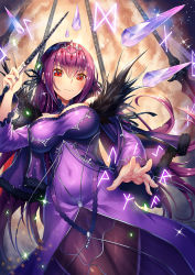 Rule 34 | 1girl, breasts, cleavage, crystal, dress, fate/grand order, fate (series), from below, fur trim, hair between eyes, highres, jewelry, large breasts, long hair, looking at viewer, polearm, purple dress, purple hair, red eyes, runes, scathach (fate), scathach skadi (fate), smile, solo, spear, tako seijin, tiara, wand, weapon