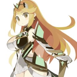 Rule 34 | 1girl, armor, blonde hair, breasts, cleavage, dress, gloves, large breasts, long hair, looking at viewer, mythra (xenoblade), nintendo, paprika shikiso, solo, white background, xenoblade chronicles (series), xenoblade chronicles 2, xenoblade chronicles (series), xenoblade chronicles 2, yellow eyes