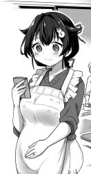Rule 34 | 1girl, apron, breasts, cellphone, commentary request, greyscale, hair flaps, hair ornament, hairclip, highres, jewelry, jingei (kancolle), kantai collection, kirisawa juuzou, large breasts, long hair, low ponytail, monochrome, official alternate costume, phone, pregnant, ring, solo, sweater, wedding band