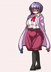 Rule 34 | 1girl, adapted costume, belt, blush, bow, breasts, coat, collared shirt, crescent, crescent hair ornament, curvy, hair ornament, highres, hiro (h-net), large breasts, long hair, looking at viewer, no shoes, pantyhose, patchouli knowledge, plump, purple hair, red eyes, shirt, shorts, smile, solo, striped clothes, striped shirt, touhou