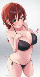 Rule 34 | 1girl, bikini, black bikini, blue eyes, blush, braid, breasts, brown hair, cleavage, contrapposto, cowboy shot, emma verde, freckles, hands on own chest, highres, large breasts, long hair, looking at viewer, love live!, love live! nijigasaki high school idol club, low twintails, lowlight1010, navel, open mouth, paid reward available, side-tie bikini bottom, signature, skindentation, solo, swimsuit, tile floor, tiles, twin braids, twintails