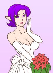 Rule 34 | 1girl, absurdres, bare shoulders, bouquet, breasts, cleavage, dress, elbow gloves, flower, gloves, highres, large breasts, looking at viewer, paladins, purple eyes, purple hair, skye (paladins), solo, stepyon, wedding dress