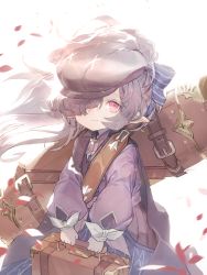 Rule 34 | 1girl, alternate costume, alternate hairstyle, cape, case, chul (pacifique), dress, flower, granblue fantasy, hair over one eye, hair ribbon, harvin, hat, highres, long hair, long sleeves, niyon (granblue fantasy), niyon (violet anonymity) (granblue fantasy), pink eyes, pointy ears, puffy long sleeves, puffy sleeves, purple hair, ribbon, smile, suitcase, very long hair, white background, wind