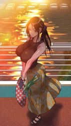 Rule 34 | 1girl, absurdres, bag, bra strap, breast press, breasts, highres, housewife, large breasts, noah (pixiv), original, ponytail, reflection, shopping bag, skirt, sleeveless, solo, spring onion, sunset, tank top, walking