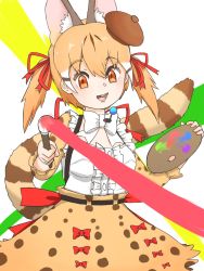 Rule 34 | 1girl, animal costume, animal ear fluff, animal ears, belt, bow, bowtie, brown eyes, brown hair, cat ears, cat girl, cat tail, extra ears, hat, highres, kemono friends, kemono friends v project, large-spotted genet (kemono friends), long hair, looking at viewer, microphone, multicolored hair, open mouth, ribbon, shirt, simple background, skirt, solo, suspenders, tail, twintails, virtual youtuber, y0whqzz8bkslezl