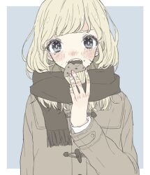 Rule 34 | 1girl, 382, bandaid, bandaid on hand, black scarf, blonde hair, blue background, blue eyes, blunt bangs, blush, border, brown coat, coat, cupcake, duffel coat, eating, food, food on face, holding, holding food, long hair, long sleeves, looking at viewer, open mouth, original, outside border, scarf, simple background, solo, tears, upper body, white border