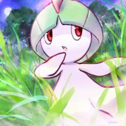 Rule 34 | commentary request, creature, creatures (company), forest, full moon, game freak, gen 3 pokemon, grass, looking to the side, moon, nature, night, night sky, nintendo, no humans, ohdon, pokemon, pokemon (creature), ralts, red eyes, signature, sky, solo, standing, star (sky), starry sky, tree
