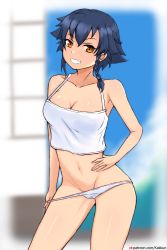 Rule 34 | 1girl, absurdres, black hair, blue sky, blurry, blurry background, braid, breasts, brown eyes, camisole, cleavage, cloud, cloudy sky, commentary, cowboy shot, day, depth of field, english commentary, girls und panzer, grin, groin, hair tie, half-closed eyes, hand on own hip, highres, indoors, kakujin, looking at viewer, medium breasts, navel, panties, panty pull, pepperoni (girls und panzer), pulling own clothes, shirt, short hair, shouji, side braid, sky, sliding doors, smile, smirk, solo, standing, underwear, underwear only, watermark, web address, white panties, white shirt