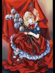Rule 34 | 1girl, blonde hair, blue eyes, blue shirt, blush, bobby socks, bow, bowtie, cloth, collared shirt, commentary, doll joints, expressionless, flower, footwear bow, frilled shirt collar, frilled skirt, frills, full body, glossy starling, hair bow, highres, holding, holding flower, joints, lily of the valley, medicine melancholy, medium hair, puffy short sleeves, puffy sleeves, red bow, red footwear, red skirt, shirt, shoes, short sleeves, skirt, socks, solo, touhou, white socks, zhu xiang