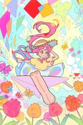 Rule 34 | 1girl, absurdres, cloud, colorful, dolman (dm), flower, hat, highres, origami, original, pink hair, scissors, solo, straw hat