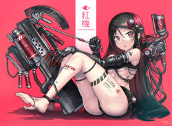 Rule 34 | 1girl, arm tattoo, barcode tattoo, barefoot, black hair, breasts, chest tattoo, cyborg, earrings, facial tattoo, gia, gun, headgear, heterochromia, jewelry, leg tattoo, long hair, looking at viewer, mechanical arms, original, red background, shorts, sitting, small breasts, solo, tattoo, underboob, weapon
