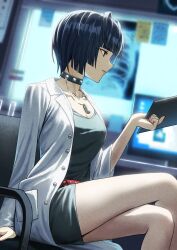 Rule 34 | 1girl, bare legs, belt, black dress, black hair, blurry, blurry background, bob cut, breasts, chair, choker, clipboard, coat, crossed legs, dress, fagi (kakikaki), from side, highres, holding, holding clipboard, indoors, jewelry, lab coat, medium breasts, monitor, necklace, office, office chair, open clothes, open coat, parted lips, persona, persona 5, red belt, red eyes, red nails, short dress, short hair, sitting, solo, studded choker, swivel chair, takemi tae, thighs, x-ray film