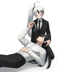 Rule 34 | 2boys, ahoge, black necktie, black pants, closed eyes, closed mouth, collared shirt, esther (project moon), highres, holding another&#039;s hair, lap pillow, library of ruina, long sleeves, lying, moribe denkou, multicolored hair, multiple boys, necktie, on back, pants, project moon, red eyes, seiza, shirt, simple background, sitting, streaked hair, tie clip, white background, white hair, white shirt, yan vismok