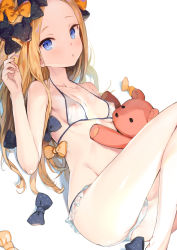 Rule 34 | 1girl, abigail williams (fate), ass, bare shoulders, bikini, black bow, blonde hair, blue eyes, blush, bow, breasts, collarbone, covered erect nipples, fate/grand order, fate (series), forehead, hair bow, highres, legs, long hair, looking at viewer, nipples, hugging object, orange bow, polka dot, polka dot bow, see-through, sekisei, simple background, small breasts, solo, stuffed animal, stuffed toy, swimsuit, teddy bear, thighs, very long hair, white background, white bikini