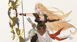 Rule 34 | 1girl, arrow (projectile), blonde hair, bow (weapon), braid, breasts, brown eyes, circlet, commission, fire emblem, fire emblem: genealogy of the holy war, fire emblem heroes, fur trim, highres, holding, holding weapon, jewelry, jonbur man, long hair, looking to the side, nintendo, pixiv commission, simple background, ullr (fire emblem), very long hair, weapon, yewfelle (fire emblem)