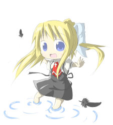 Rule 34 | 00s, air (visual novel), aoblue, blonde hair, blue eyes, chibi, feathers, kamio misuzu, long hair, outstretched arms, ponytail, ribbon, school uniform, solo, spread arms