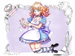 Rule 34 | 1girl, alice (alice in wonderland), alice in wonderland, atm (myamya 00), blonde hair, blush, bow, breasts, cat, cleavage, dress, highres, long hair, potion, solo, striped, tagme, thighhighs, watch, white rabbit (alice in wonderland)