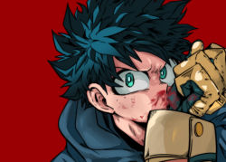 Rule 34 | 1boy, blood, blood on clothes, blood on face, boku no hero academia, commentary request, freckles, gloves, green eyes, green hair, looking at viewer, male focus, midoriya izuku, omura (o mr), red background, solo, upper body, wiping face, yellow gloves