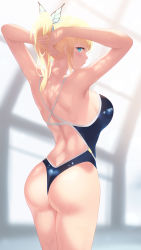 Rule 34 | 1girl, arms behind head, ass, back, bare shoulders, blonde hair, blue eyes, blue one-piece swimsuit, blurry, blurry background, blush, boku wa tomodachi ga sukunai, breasts, bug, butterfly, butterfly hair ornament, cait aron, competition swimsuit, cowboy shot, hair ornament, highres, indoors, insect, kashiwazaki sena, large breasts, long hair, looking at viewer, looking back, one-piece swimsuit, ponytail, poolside, rei no pool, shoulder blades, sidelocks, solo, swimsuit, wet