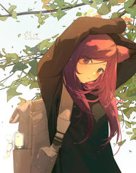 Rule 34 | 1girl, animal ears, arms up, backpack, bag, blush, branch, closed umbrella, eden (eden871225), fox ears, fox girl, highres, long hair, long sleeves, looking at viewer, original, parted bangs, parted lips, pink eyes, pink hair, rain, signature, sleeves past wrists, slit pupils, solo, tree, umbrella