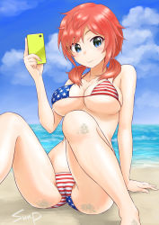 Rule 34 | 1girl, american flag bikini, arm support, beach, bikini, blue eyes, breasts, cameltoe, cellphone, day, covered erect nipples, flag print, large breasts, looking at viewer, monica blueash, ocean, phone, red hair, sand, sand on skin, school girl strikers, sitting, smartphone, smile, solo, sunsun69, swimsuit, twintails, underboob