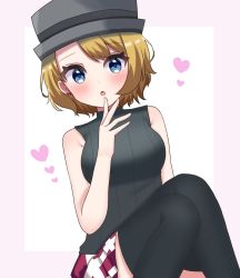 Rule 34 | 1girl, blonde hair, blue eyes, blush, breasts, creatures (company), game freak, hand on own chin, hat, heart, highres, large breasts, looking at viewer, nintendo, open mouth, pokemon, pokemon (anime), pokemon journeys, pokemon swsh105, serena (pokemon), short hair, simple background, skirt, sleeveless, sweater, thighhighs, user ssut7787, white background