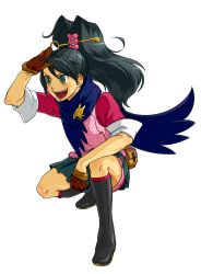 Rule 34 | 1girl, ace attorney, ace attorney investigations, arm rest, arm up, bag, black footwear, black hair, blush, boots, brown gloves, cha kuro (limo), fanny pack, full body, gloves, green eyes, hair between eyes, hair ornament, happy, high ponytail, kay faraday, key, knee boots, kneehighs, kneeling, long hair, miniskirt, open mouth, pink shirt, pink socks, pleated skirt, ponytail, salute, scarf, shaded face, shirt, short sleeves, shorts, shorts under skirt, skirt, socks, solo, squatting, swept bangs, table, teeth, transparent background, vest, wavy hair