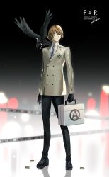 Rule 34 | 1boy, absurdres, akechi gorou, bird, black footwear, black gloves, black pants, briefcase, brown eyes, brown hair, btmr game, character name, closed mouth, copyright name, crow, full body, gloves, grey jacket, hair between eyes, highres, holding, jacket, long sleeves, male focus, necktie, pants, persona, persona 5, persona 5 the royal, shell casing, signature, solo, standing, striped, striped necktie, vertical-striped clothes, vertical-striped necktie