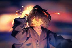 Rule 34 | 1girl, alternate costume, black hair, blurry, blurry background, blush, brown hair, closed eyes, coat, fang, fireworks, hair between eyes, hair ribbon, holding, holding fireworks, ise (kancolle), kantai collection, kazeshio, long sleeves, multicolored hair, open mouth, red ribbon, ribbon, skin fang, solo, sparkler, turtleneck, upper body