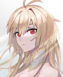 Rule 34 | 1girl, antenna hair, archetype earth, arcueid brunestud, bare shoulders, blonde hair, closed mouth, commentary request, detached collar, expressionless, long hair, looking at viewer, omame korokor, red eyes, single hair intake, solo, sunlight, tsukihime, tsukihime (remake), upper body, very long hair, white background