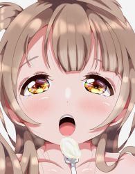 Rule 34 | 1girl, blush, brown eyes, collarbone, female focus, grey hair, highres, long hair, looking at viewer, love live!, love live! school idol project, minami kotori, open mouth, parted lips, petichun, solo, spoon, white background