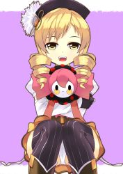 Rule 34 | 10s, 1girl, bad id, bad pixiv id, beret, blonde hair, boots, charlotte (madoka magica), doll, drill hair, hair ornament, hat, highres, hugging doll, hugging object, knee boots, long hair, magical girl, mahou shoujo madoka magica, mahou shoujo madoka magica (anime), panties, pantyshot, sitting, striped clothes, striped thighhighs, thighhighs, tomoe mami, traze, twin drills, twintails, underwear, vertical-striped clothes, vertical-striped thighhighs, white panties, yellow eyes