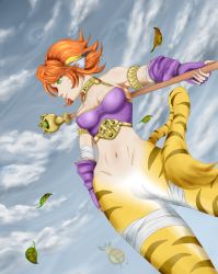 Rule 34 | 1girl, animal ears, breath of fire, breath of fire ii, cat ears, cat tail, facial mark, green eyes, highres, leaf, rinpoo chuan, solo, staff, tail